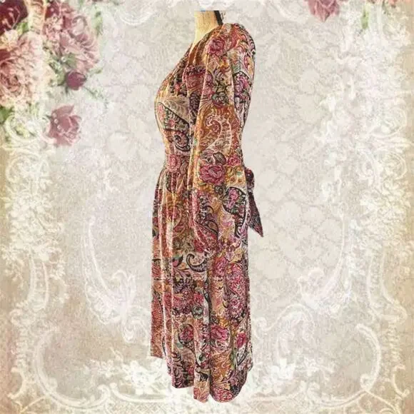 Vintage 1980s Paisley Midi Dress Boho Floral Long Sleeve Back Sash Tie - Picture 9 of 10